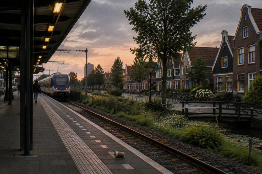 A regional train platform at a Dutch station at dusk with a departure board glowing