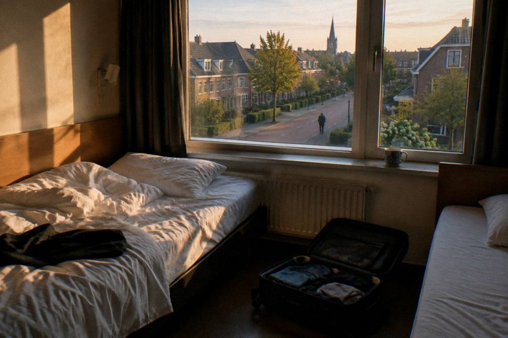 A budget hotel room with two single beds and a window onto a quiet street