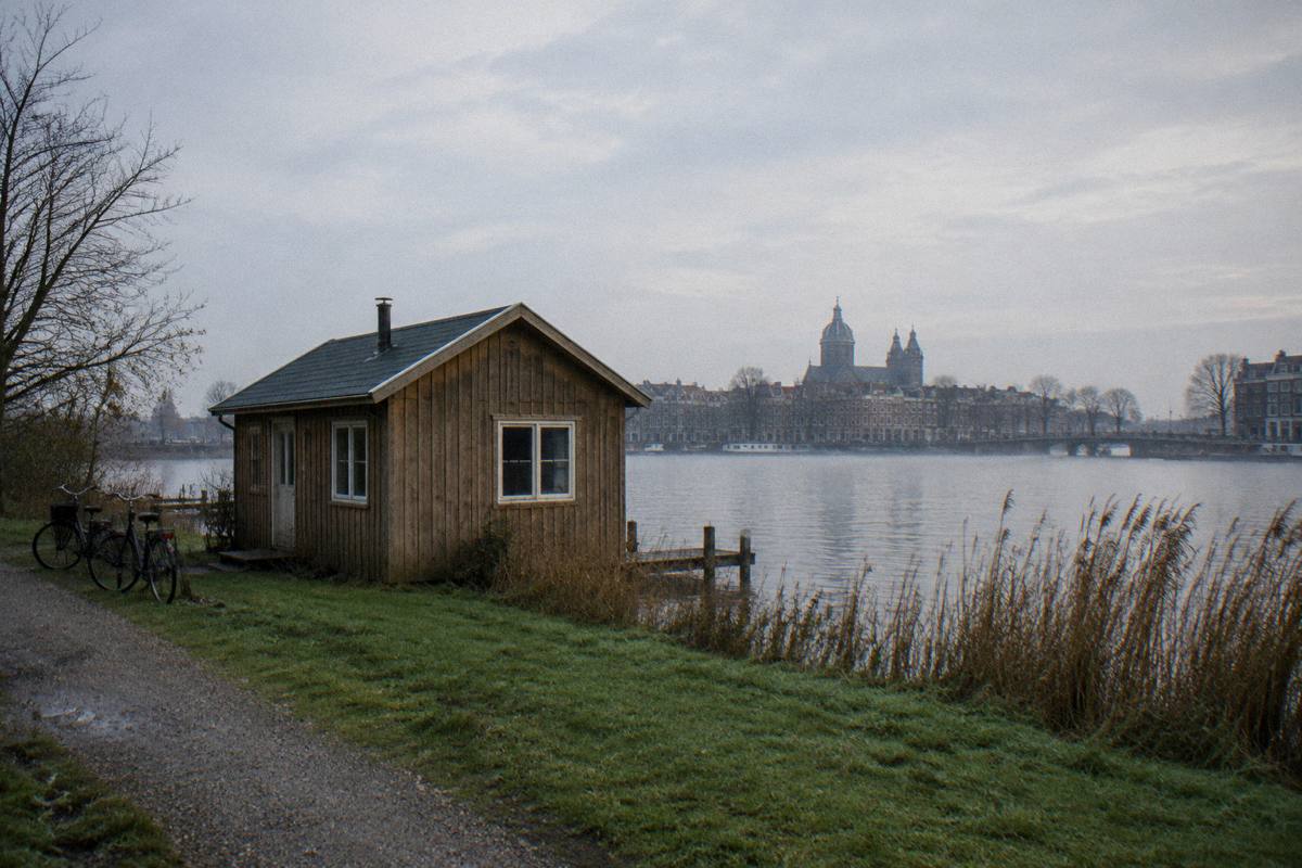 A small wooden cabin by a lakeside path